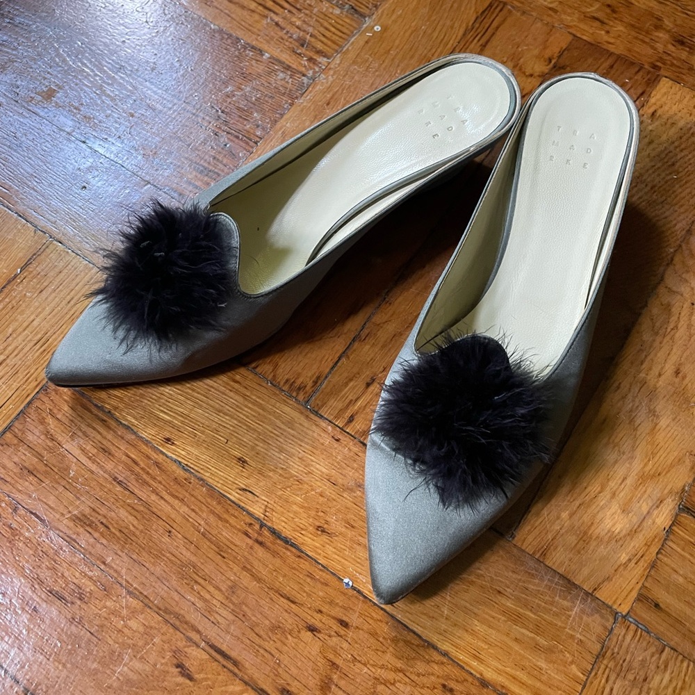 Trademark Castaigne Satin Pom Pom Slipper Slide Mule in Sage Green